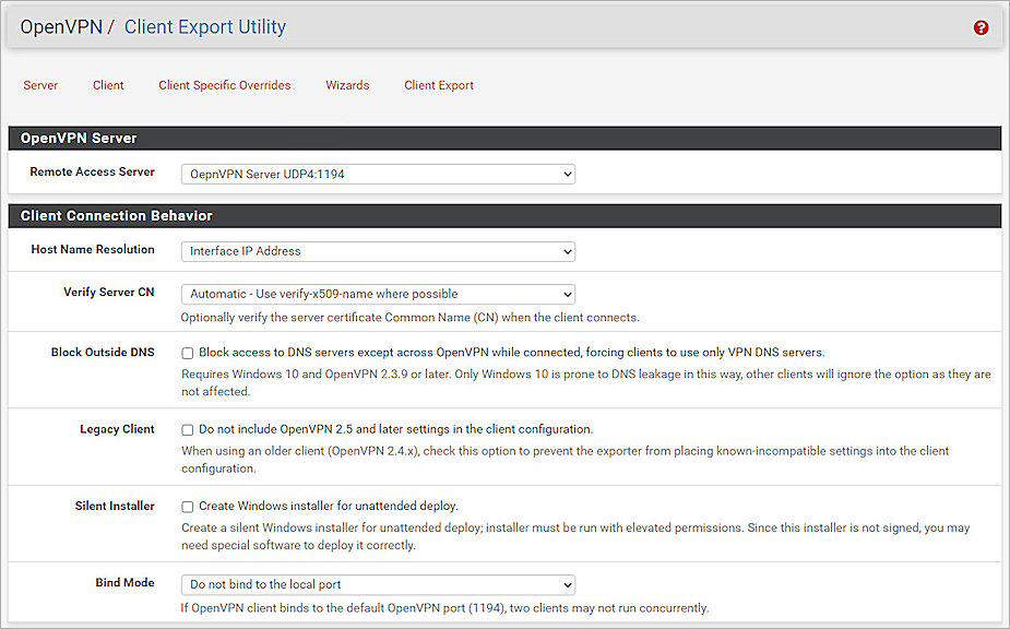 Screenshot of pfSense, Client Export 1
